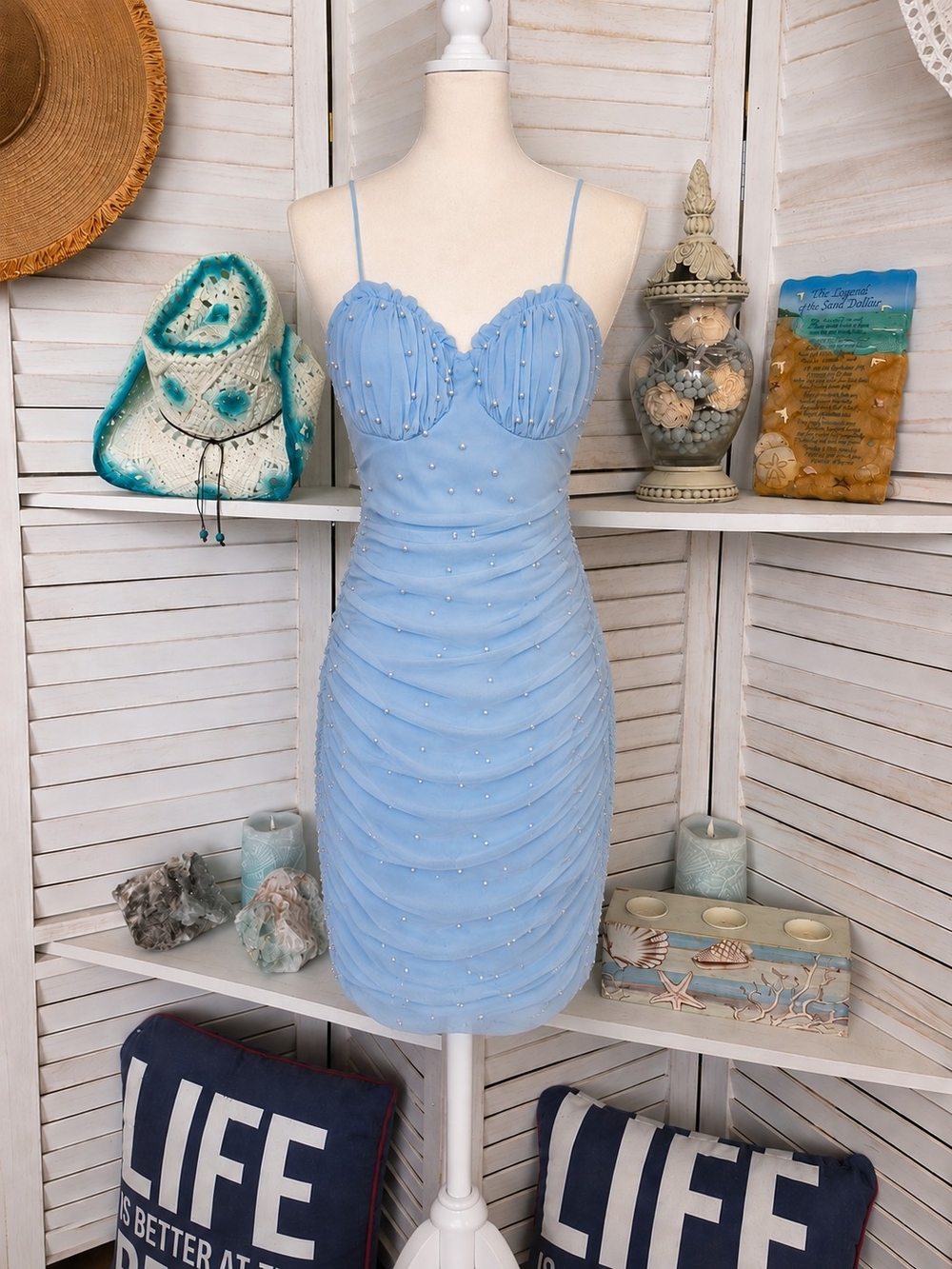 Windsor Powder Blue Pearl Ruched‎ Mesh Mini Dress XS Light Blue Cocktail